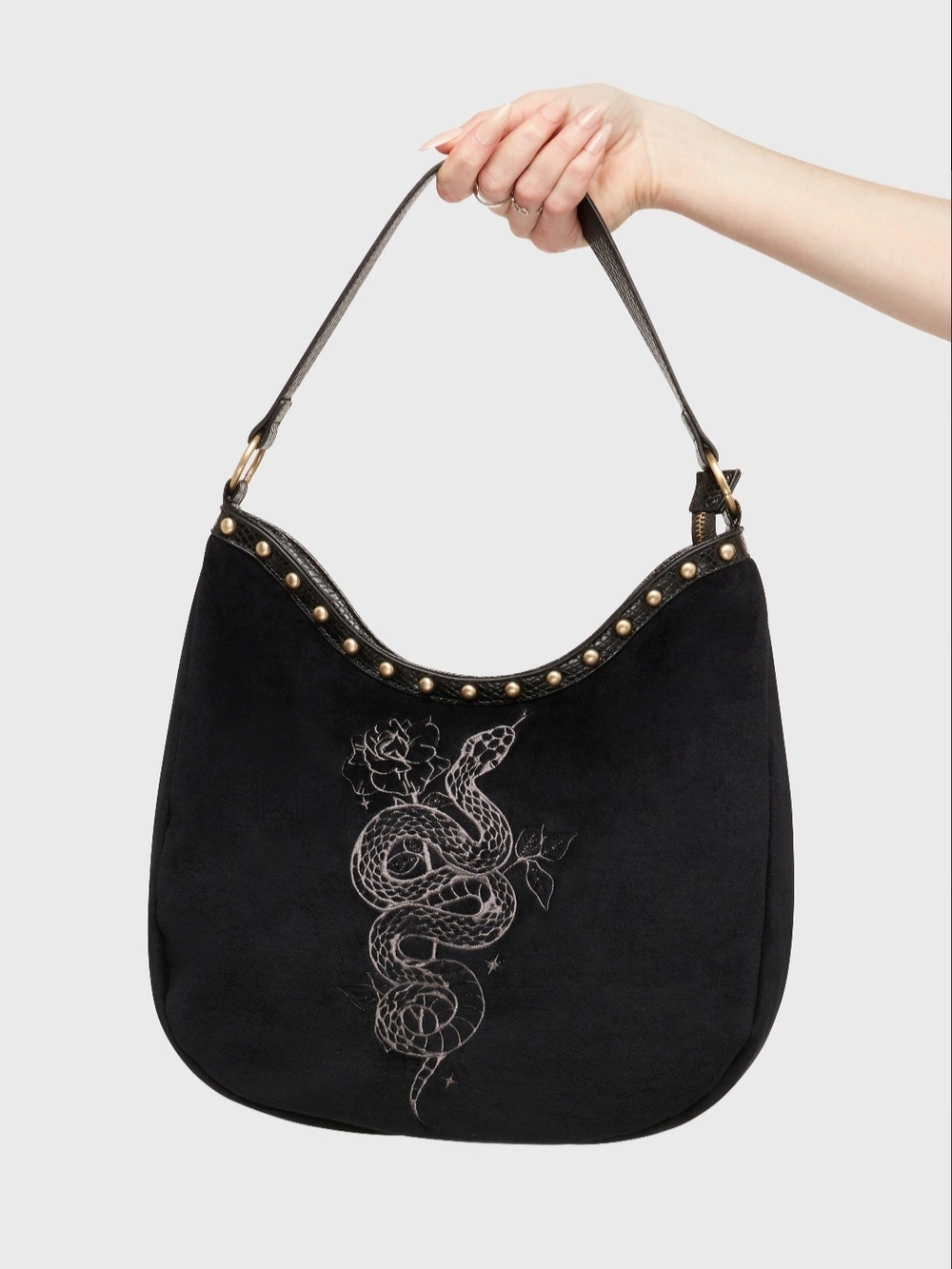Black Stud-Trim Hobo Bag with Snake Embroidery